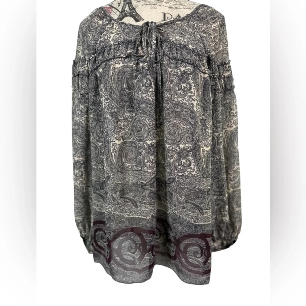 Max Edition Paisley Sheer Balloon Sleeve Boho Blouse Black Cream Red M